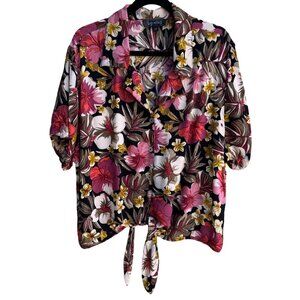 Twyla & Blu II Vintage Womens Floral Button-Up Tie Front Cropped Blouse Shirt 2X